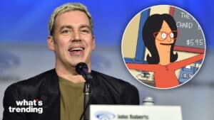 John Roberts speaking at a panel with an inset of Linda Belcher from Bob's Burgers cartoon