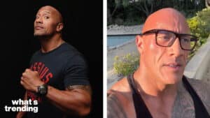 Dwayne Johnson posing with fist up wearing a black shirt and close-up selfie with glasses outdoors.