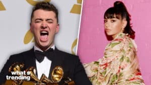 Sam Smith holding multiple Grammy Awards and Dua Lipa posing against a pink wall