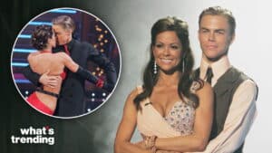 Dancing with the Stars contestants Brooke Burke and Derek Hough posing and dancing on stage