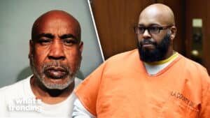 Split image showing Suge Knight in a white shirt and in an orange LA County Jail uniform with glasses and beard