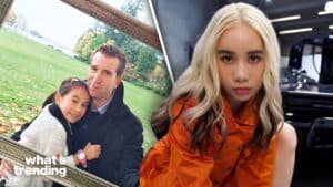 Young woman with blonde and black hair in an orange Gucci jacket next to a photo of a man and girl hugging outdoors with "what's trending" text