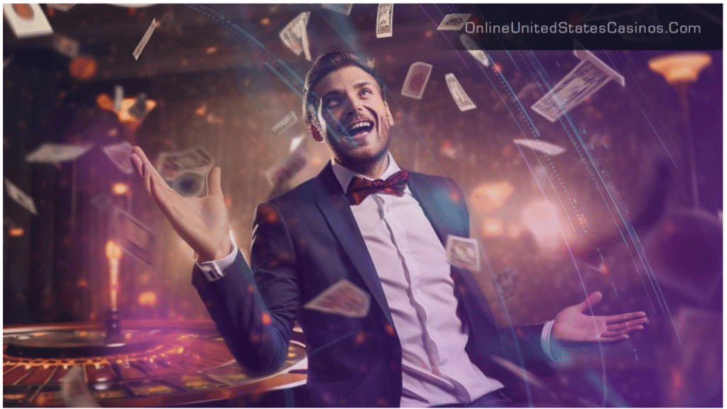 Man in suit and bow tie celebrating with money falling around him at a casino table