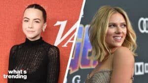 Maya Hawke in black lace dress and Scarlett Johansson in strapless metallic dress at red carpet events