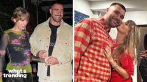 Taylor Swift and Travis Kelce holding hands and smiling, and Taylor Swift kissing Travis Kelce on the cheek indoors