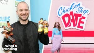 Man holding multiple hot sauce bottles next to a woman standing on stage with a "Chicken Shop Date" sign behind her