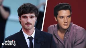 Jacob Elordi in a black suit and Elvis Presley in a purple shirt against a red background