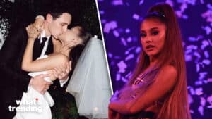 Ariana Grande kissing Dalton Gomez in wedding attire on the left, Ariana Grande performing on stage on the right.