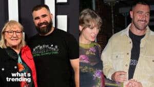 Two side-by-side photos: a smiling man with a beard and a woman in glasses, and Taylor Swift holding hands with a man in a beige jacket.