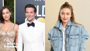 Irina Shayk and Bradley Cooper at an event, and Gigi Hadid wearing a denim jacket with a top knot hairstyle.