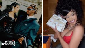 Cardi B in a black sequined outfit being carried by Offset, and Cardi B smiling in a red dress holding a white handbag