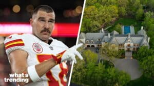 NFL player Travis Kelce in Kansas City Chiefs uniform next to aerial view of a large mansion with pool surrounded by trees