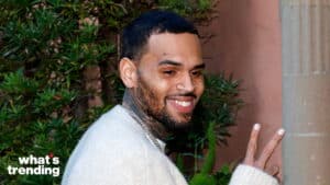 Chris Brown smiling and flashing a peace sign outdoors with greenery in the background