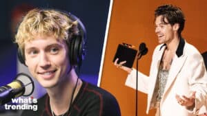 Charlie Puth wearing headphones in a studio and Harry Styles holding a Grammy award on stage