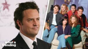 Matthew Perry in a suit next to a Friends cast photo featuring Matt LeBlanc, Lisa Kudrow, David Schwimmer, Matthew Perry, Courteney Cox, and Jennifer Aniston