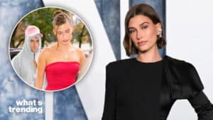 Hailey Bieber in a black dress at an event with an inset of her and Justin Bieber outdoors, she in a red dress and he in a gray hoodie and pink cap