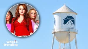 Paramount water tower next to a circular inset of Lindsay Lohan and Rachel McAdams from Mean Girls.