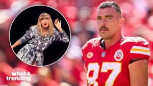 Kansas City Chiefs player wearing number 87 jersey with inset of Taylor Swift in patterned outfit waving.