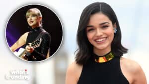 Olivia Rodrigo smiling in black dress with inset of Taylor Swift playing guitar on stage