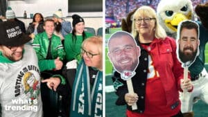 Fans wearing Philadelphia Eagles gear and holding Kansas City Chiefs and Eagles player face cutouts at a football game.