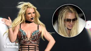 Britney Spears performing on stage wearing a bejeweled top with a headset microphone and an inset of her wearing sunglasses and a white fur coat