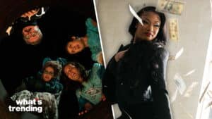 Four people looking down into a hole on the left, and Megan Thee Stallion with falling money on the right