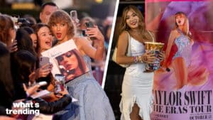 Taylor Swift taking a selfie with fans holding her "Midnights" album and a woman posing with popcorn near a "Taylor Swift The Eras Tour" poster.