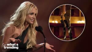 Britney Spears speaking at a microphone with an inset of ballet pointe shoes replaced by knives.