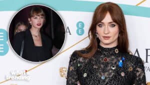 Sophie Turner in a black lace dress at the BAFTA event with an inset of Taylor Swift in a black outfit.