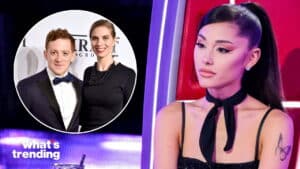 Ariana Grande sitting on a red chair with a butterfly tattoo on her arm, inset of a man in a tuxedo and a woman in black.