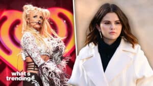 Britney Spears performing on stage and Selena Gomez wearing a white coat outdoors.