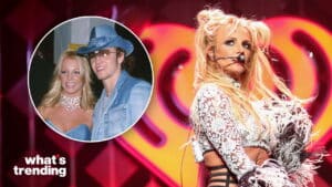 Britney Spears performing on stage with inset photo of Britney Spears and Justin Timberlake in denim outfits.