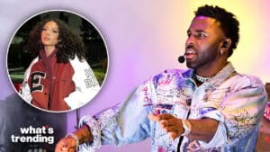 Jason Derulo speaking with a headset microphone and an inset of a woman in a red and white jacket with curly hair.