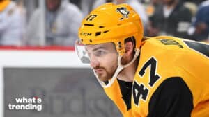 Pittsburgh Penguins hockey player wearing number 47 helmet and jersey focused during a game.