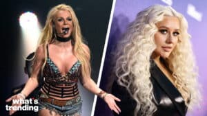 Britney Spears performing on stage and Christina Aguilera posing at an event with curly blonde hair