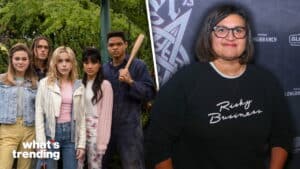 Cast of the TV show "Wednesday" standing outdoors and a woman wearing a "Risky Business" sweatshirt at an event.