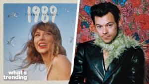 Taylor Swift on the 1989 Taylor's Version album cover and Harry Styles in a black leather jacket with green feather collar