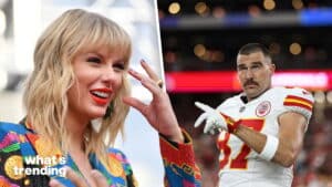 Taylor Swift smiling in colorful jacket and Kansas City Chiefs player Travis Kelce pointing on the field