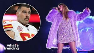 Taylor Swift singing on stage in a purple fur coat and sequin dress, inset of NFL player Travis Kelce in uniform