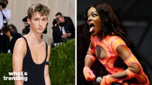Troye Sivan in a black sleeveless outfit at an event and Azealia Banks performing in a neon orange cutout outfit