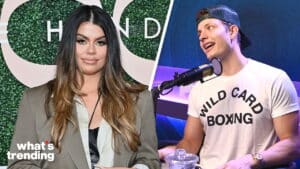 Woman in blazer posing at event and man in "Wild Card Boxing" shirt speaking into microphone in studio