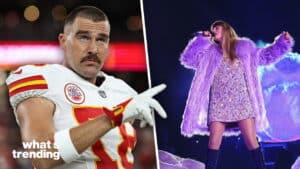 Kansas City Chiefs player Travis Kelce pointing and Taylor Swift performing in a purple fur coat and sparkly dress on stage