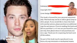 Two people reacting to a large photo of a man with text about book licensing and copyright on the right side.