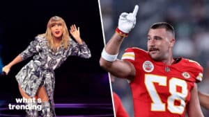 Taylor Swift performing on stage and Kansas City Chiefs player Travis Kelce raising his finger during a game