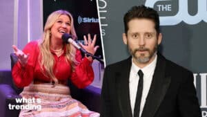 Kelly Clarkson speaking into a microphone on SiriusXM and actor Milo Ventimiglia in a black suit at a CW event