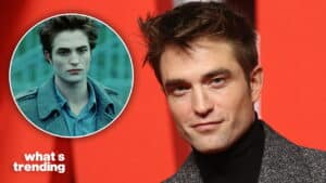 Actor Robert Pattinson in a gray coat and black turtleneck with an inset of his Twilight character Edward Cullen