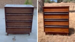 An old dresser is refurbished into a beautiful midcentury modern piece.
