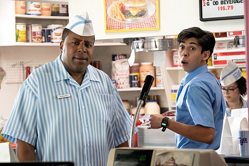 L-R: Kenan Thompson as Dex and Fabrizio Guido as Mr. Jensen in Good Burger 2, streaming on Paramount+, 2023.