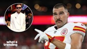 Kansas City Chiefs player Travis Kelce pointing during a game with an inset of rapper Machine Gun Kelly in a white suit and sunglasses at an event.