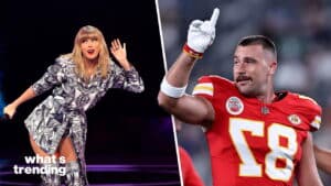 Taylor Swift performing on stage and Kansas City Chiefs player Travis Kelce raising his finger during a game